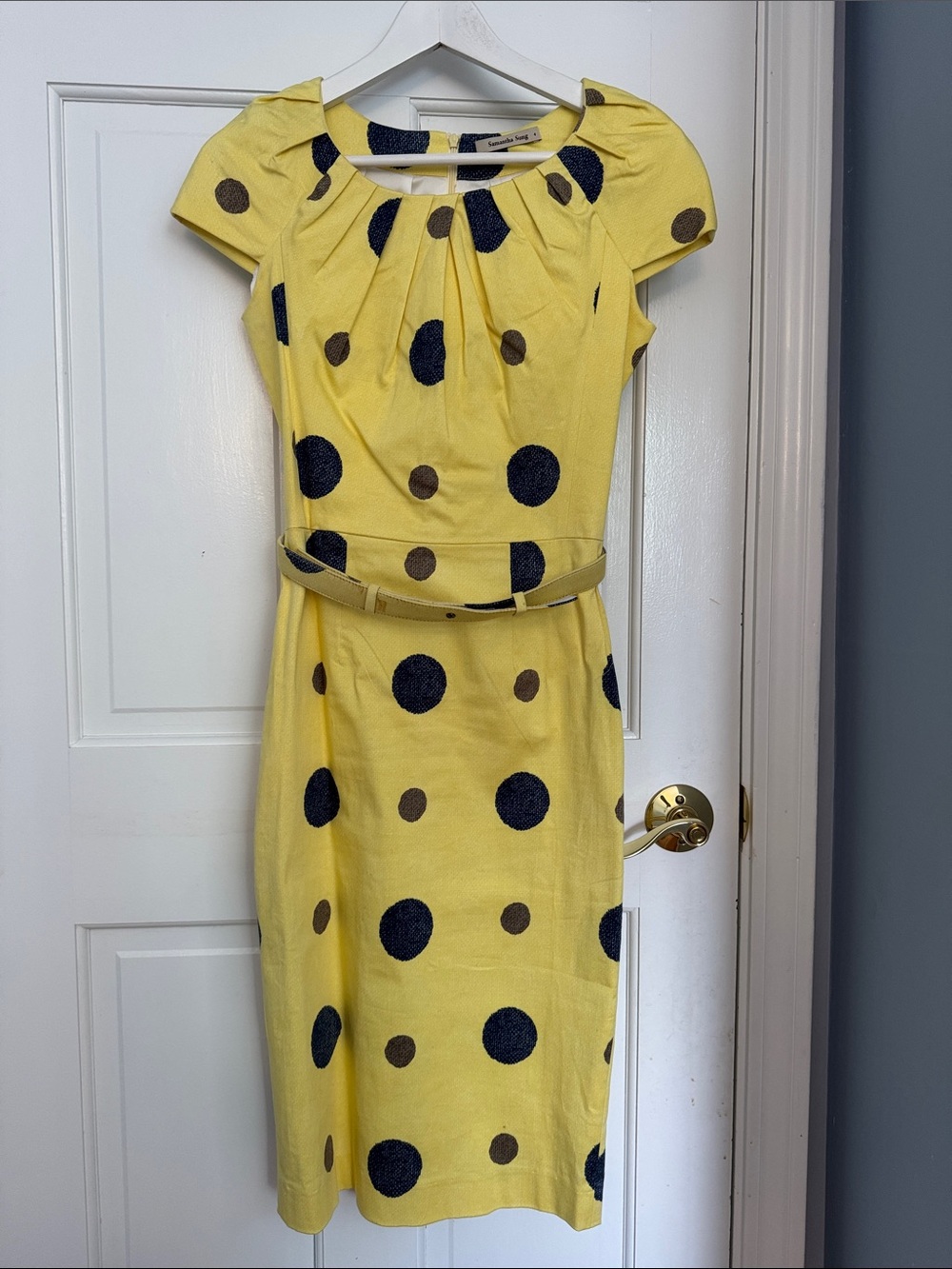 Samantha Sung Yellow Polka Dot Sheath Dress with Belt